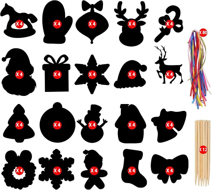 LOKIPA Christmas Scratch Paper Art Set, 80 Pieces Magic Rainbow Scratch Off Cards Ornaments for Kids Christmas