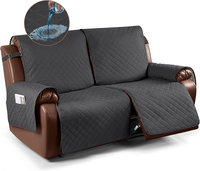 KinCam Waterproof Oversized Loveseat Recliner Cover, Non-Slip Reclining Couch Covers for 2 Seat, Recliner Sofa Cover Furniture Protector with Elastic Straps for Kids, Pets, Charcoal Gray