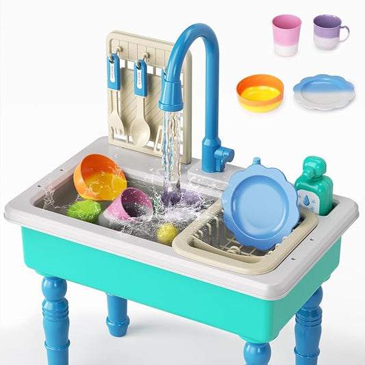 Doloowee Color Changing Kitchen Sink Toys,Electric Dishwasher Playing Toy Play Sink for Kids 3-5 with Running Water,Upgraded Faucet and Play Dishes,Pretend Play Kitchen Toys for Kids Boys Girls(Blue)
