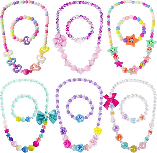 BigOtters Little Girls Necklace Bracelet, 6 Sets Lovely Colorful Beads Jewelry Princess Dress up for Toddlers Pretend Play Party Costume,Easter Eggs Stuffers Kids Easter Gift