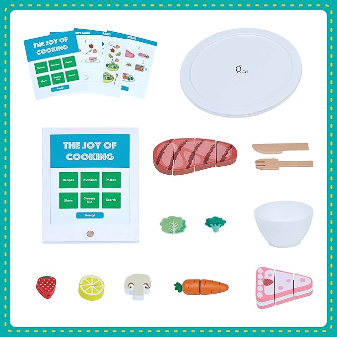 Teamson Kids Little Chef Frankfurt 27 Piece Play Kitchen Tablet with Recipes and Pretend Ingredients and Wooden Food Cutting Set, Multicolor/White , Green