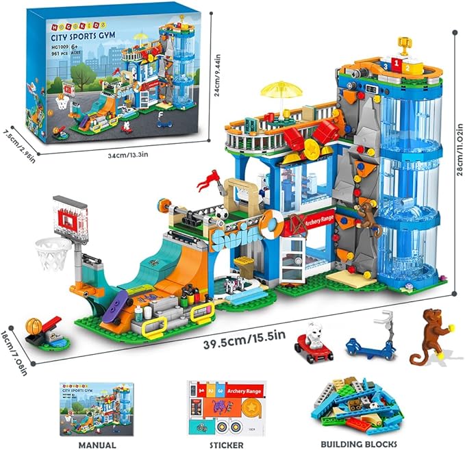 HOGOKIDS City Sports Gym Building Set - 8 in 1 Friend Sports Center Football Basketball Climbing Swimming Boxing Shooting Skateboard Building Block Kit Games Toy Birthday Gift for Kids Girls Boys 6+