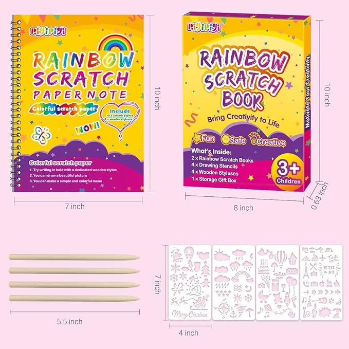 pigipigi Rainbow Scratch Paper for Kids - 2 Pack Large Scratch Off Notebooks Arts Crafts Supplies Kits Drawing Paper Black Magic Sheets Scratch Pad Activity Toy for Girls Boys Christmas Birthday Gift