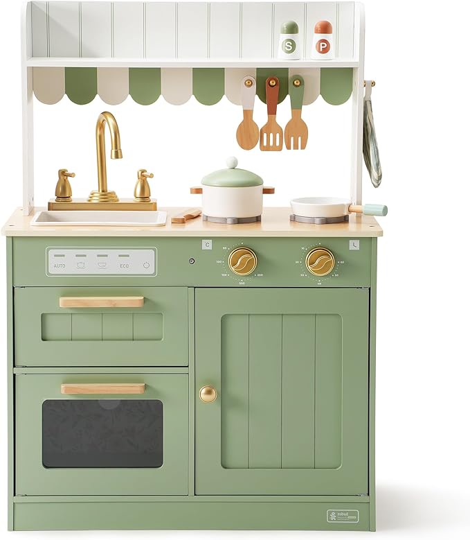 ROBUD Wooden Play Kitchen Set for Kids, Pretend Play Kitchen Toy Set with Golden Faucet, Sink, Oven, Stove, Cabinet, Vintage Style, Gift for Boys & Girls Ages 3+ (Green)
