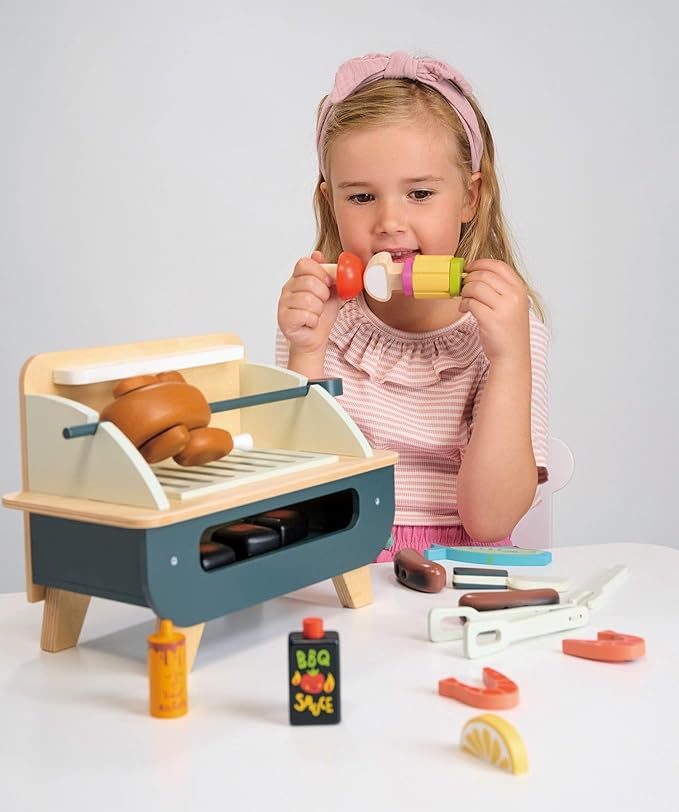 Tender Leaf Toys - Barbeque Play Set - 27 Piece Wooden Interactive Barbeque Grill Set with Pretend Play Food and Utensils for Boys and Girls - Great Role-Play Toy - Boost Fine Motor Skills - Age 3+