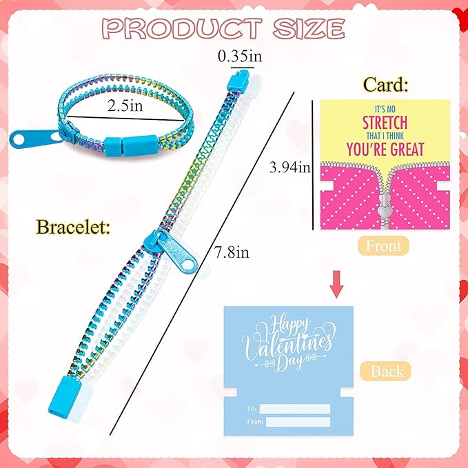 OuMuaMua 30Pcs Valentines Day Cards Gift for Kids Classroom - Valentines Cards with Fidget Zipper Bracelets Toy for Kids Valentine’s Day Classroom Exchange Valentines Party Favors