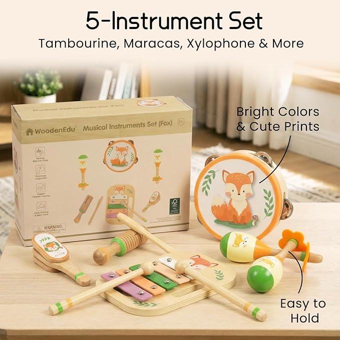 Wooden Musical Instruments Set for Toddlers, Natural Wood Percussion Instruments Xylophone Gift Set for Girls Boys Kids ,Preschool Educational Musical Toys with Storage Bag (Orange Set)