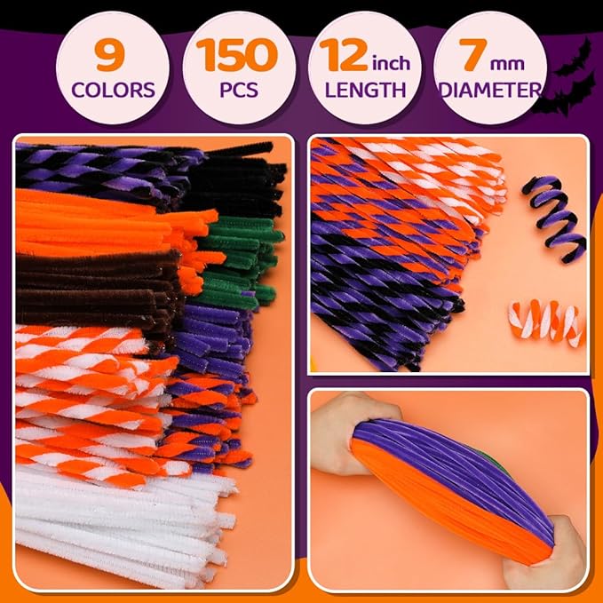 150pcs Halloween Pipe Cleaners, Pipe Cleaners for Crafts, Craft Supplies Multicolor Chenille Stems for Art&Craft Christmas DIY Projects(9colors,Halloween)