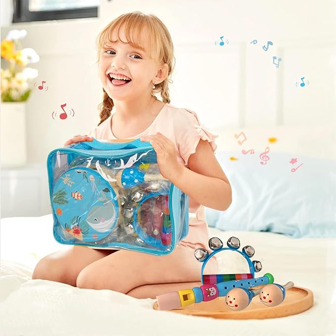Wooden Musical Instruments Set for Toddlers 1-3, Natural Wood Percussion Instruments Xylophone Gift Set for Girls Boys Kids ,Preschool Educational Musical Toys with Storage Bag
