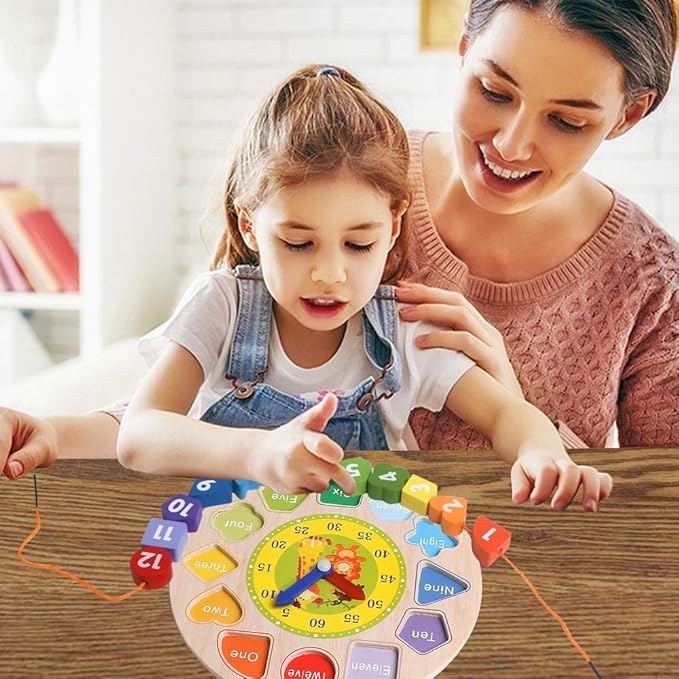 Skrtuan Wooden Shape Color Sorting Clock- Teaching Time Number Blocks Clock Shape Patterns Sorting and Animal Puzzle Montessori Early Learning Educational Toy Gift for 1 2 3 Year Old Toddler Baby Kids
