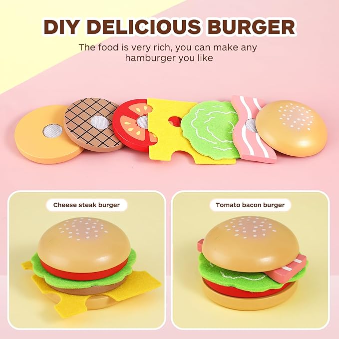 Wooden Fast Food Burger Fries Deluxe Dinner Set, Kitchen Pretend Play Accessories Toy, Realistic Burger Fries Pretend Play Food Set Toy House Props Educational