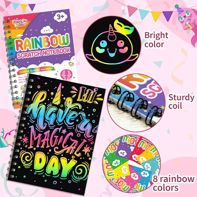 Scratch Art Party Favors for Kids: 24 Pack Rainbow Scratch Notebook Bulk Kids Craft School Supplies for Girls Boys 4-8 Years Old Kids Birthday Goodie Bags Christmas Gifts Classroom Prizes for Kids
