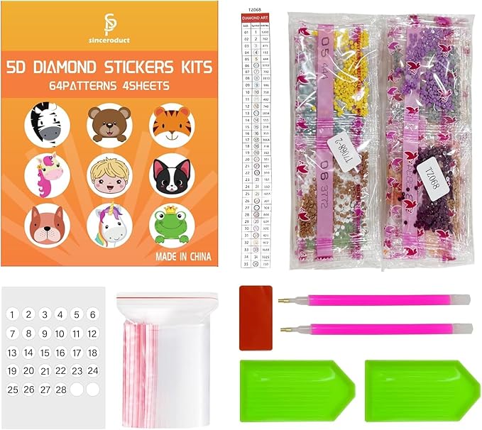 sinceroduct 64PCS Diamond Stickers Kits for Kids and Adult Beginners - Shaped Paint Marked with Diamonds by Numbers, Diamond Art for Kids Art and Crafts, Kids Gift
