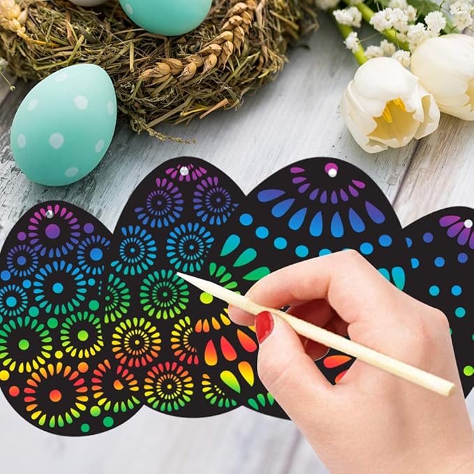 Koogel Easter Egg Scratch Art Set, 36 PCS Rainbow Scratch Art Mini Notes with Colorful Ribbon and Wooden Stick Crafts for Kids Party Favor Easter Decor Tree Decor