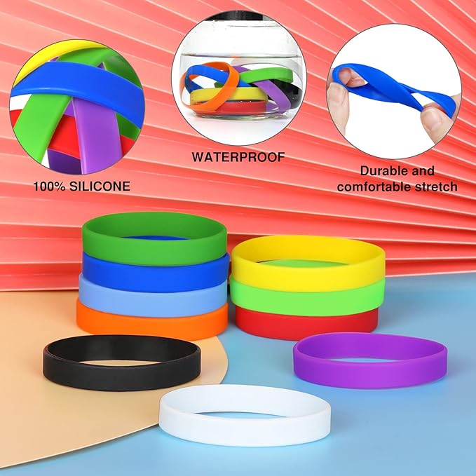 50 PCS Silicone Bracelets Wristbands for kid, Sports Rubber Elastic Wristband Bracelet for Party Decorations Favors Set Pack White