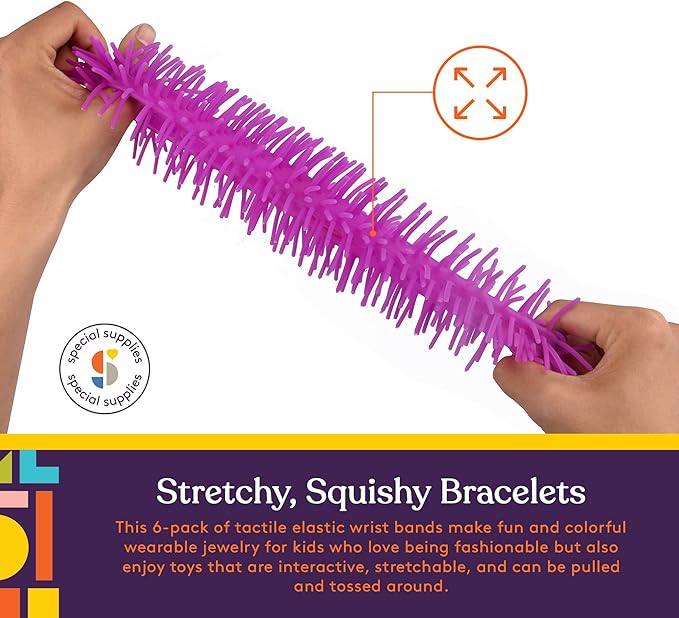 Special Supplies Squishy Fuzzy Band Bracelets for Kids, 6 Pack, Flexible and Stretchy Wearable Sensory Toys, Tactile Silicone Squiggly Touch, Bright and Colorful Wristbands