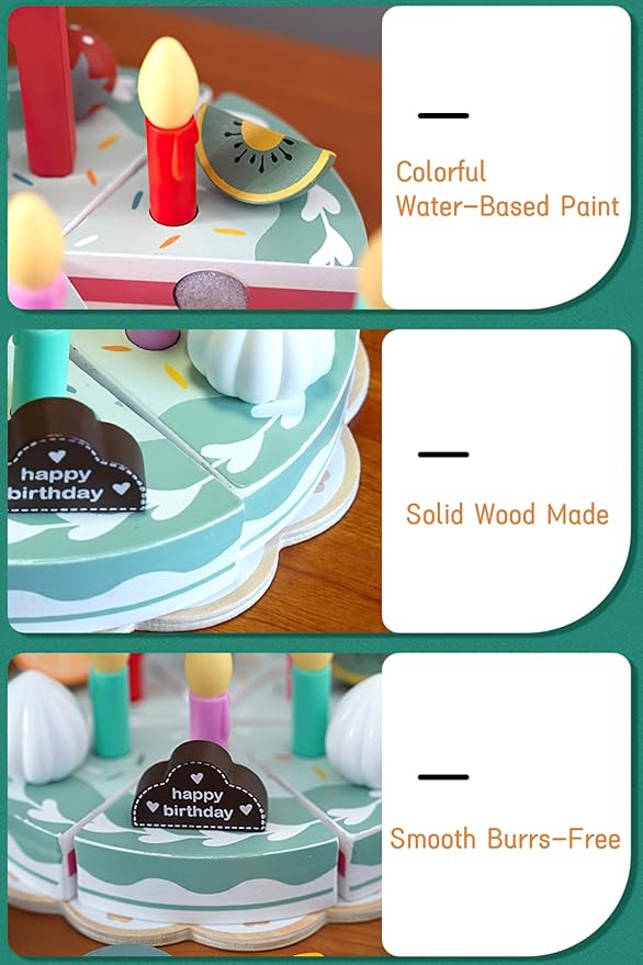 Wooden Birthday Cake Play Food Set Toys, Pretend Play Kids Tea Party Set for Little Girls Toddlers, Montessori Wooden Play Kitchen Accessories Sets for Kids (Birthday Cake)