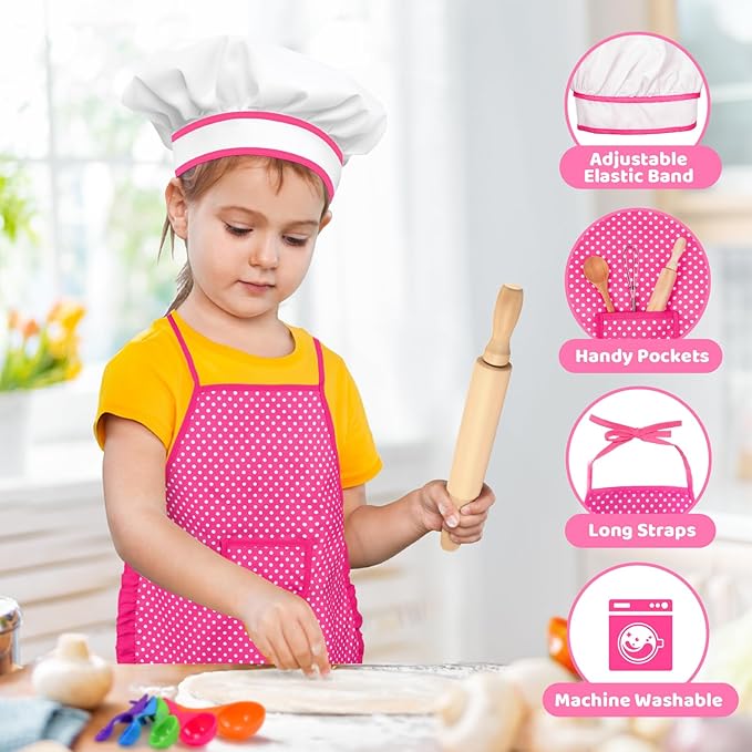 Toyze Gifts for 3-8 Year Old Girls, Kids Apron for Girls Kids Cooking Set, Toddler Apron for Kids Chef Hat and Apron, Toys for 3-12 Year Old Girls 20Pcs Pink- with Cookbook
