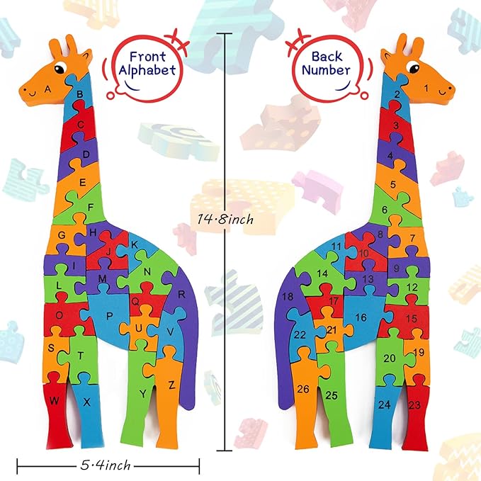 LovesTown Giraffe Wooden Puzzle, 26PCS Jigsaw Alphabet and Number Blocks, Educational Toy for Toddlers, Ideal for Gifting and Learning
