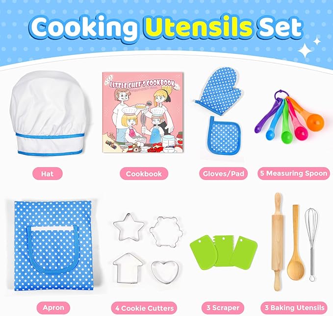 Toyze Apron for Kids Cooking Toys for 3-8 Year Old Girls Boys, Chef Costume for Kids Chef Hat and Apron,Birthday Gifts for Girls Boys 20 Pcs Blue-with Cookbook