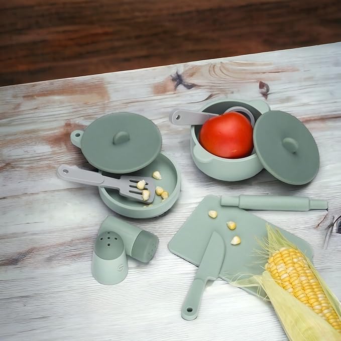 Kids Kitchen Silicone Pretend Toys- 9pcs Play Kitchen Accessories Set with Cookware -Food Grade Silicone -Kids Toy Kitchen Accessories – Pretend Play Kitchen Toy Set for Cooking-Green