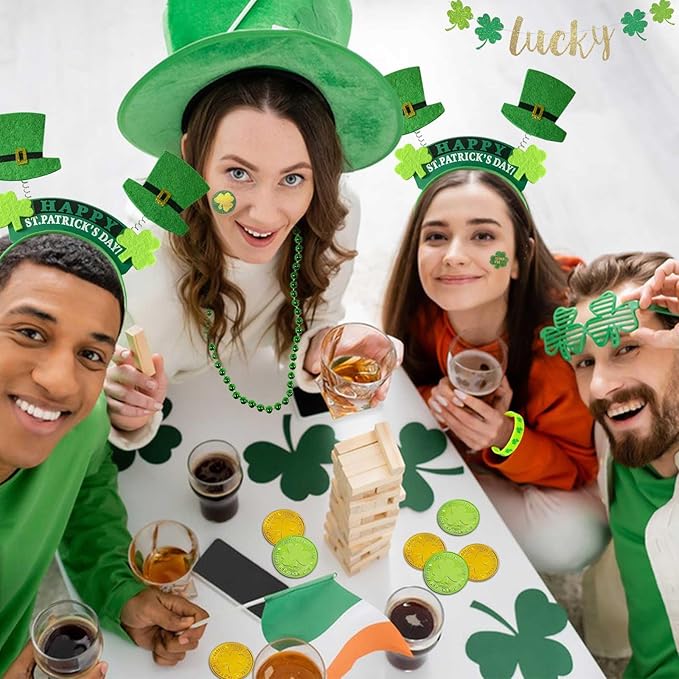 St Patricks Day Accessories Party Favors Set,Including 20 Shamrock Good Luck Coins 6 Necklace 6 Bracelets 2 Headband 2 Eyeglasses 2 Sash 40 Tattoo Sticker for St. Patrick Party Supplies Decorations