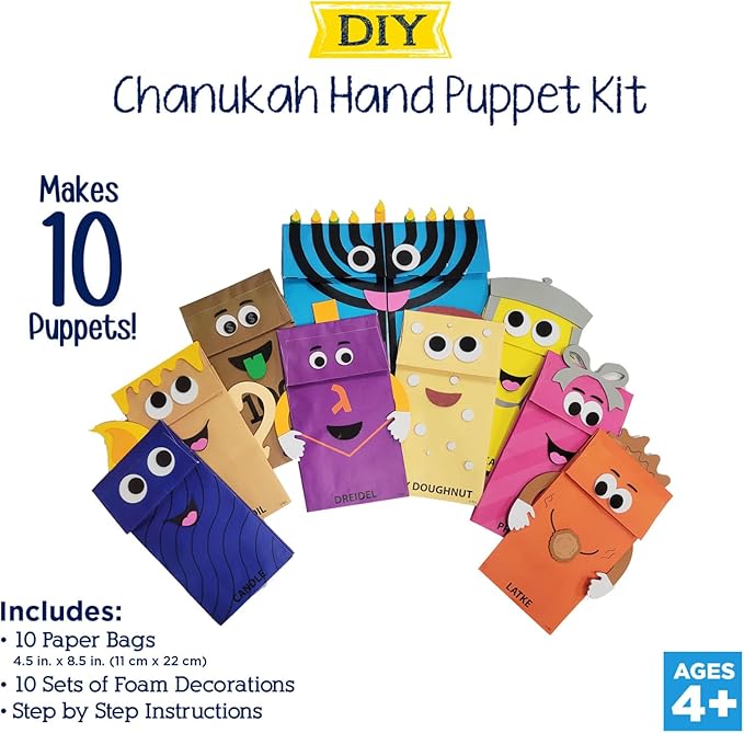 Hanukkah Hand Puppet Kit Gift Set by Rite Lite | Perfect Chanukah Gift for Kids Fun Arts & Crafts Kit Includes 10 Paper Bag Puppets & Foam Decorations! Jewish Holiday Party Goodie Bag Favors!