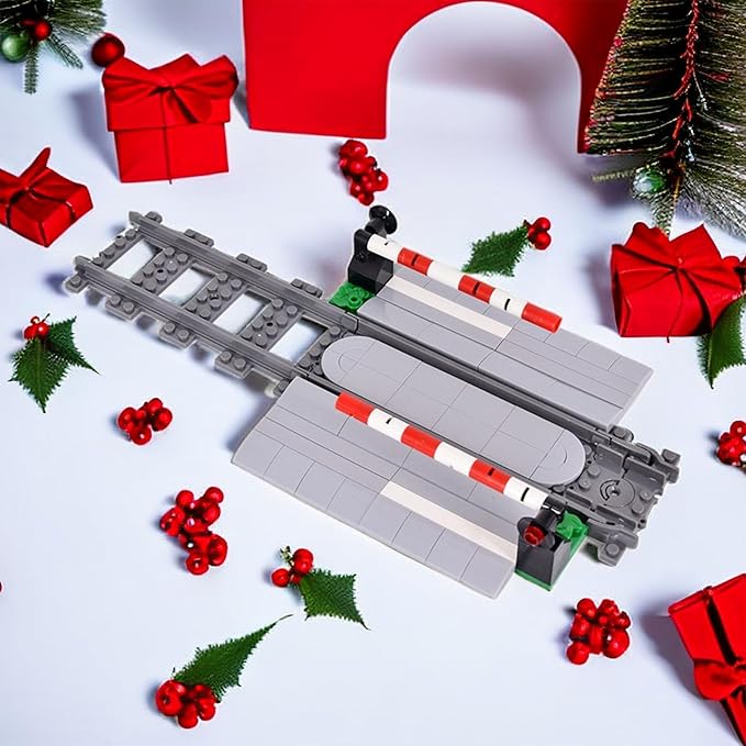 Train Tracks Building Block Set 01, City Train Track Railroad Tracks, Traffic Light Railroad Crossing Building Bricks, Compatible with Lego 853792 Accessory, Kid Gifts for Ages 6+