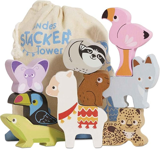 Le Toy Van - Wooden Toys - Andes Stacking & Bag - Petilou Forest Building Blocks Stacker & Bag Educational Balancing Activity Toy - Wooden Blocks Tropical Animal Toys - Kids Toys Age 18 Months +