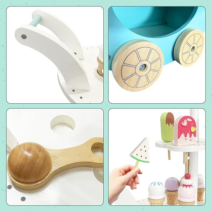 Wooden Ice Cream Truck Toy Playset with Ice Cream Toys,Ice Cream Cart Toys for Toddlers and Kids 3-7,Learning Toys for Boys & Girls, Daycare/Preschool Educational Toys,Pretend Play Toys
