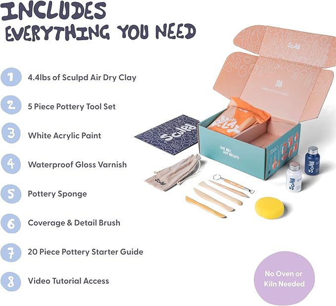 Sculpd Pottery Starter Kit - Complete Air Dry Clay Beginner Set for 2 Adults: Includes Sculpting Tools, Gloss Varnish, Paint Brushes, Guide, Video Tutorials & More - Date Night Gift, Arts Crafts Hobby