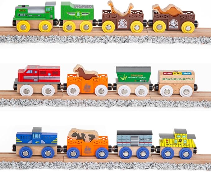 Orbrium Toys 12 (18 Pcs) Wooden Engines & Train Cars Collection with Animals, Farm Safari Zoo Wooden Animal Train Cars, Circus Wooden Train Compatible with Thomas, Brio, Chuggington