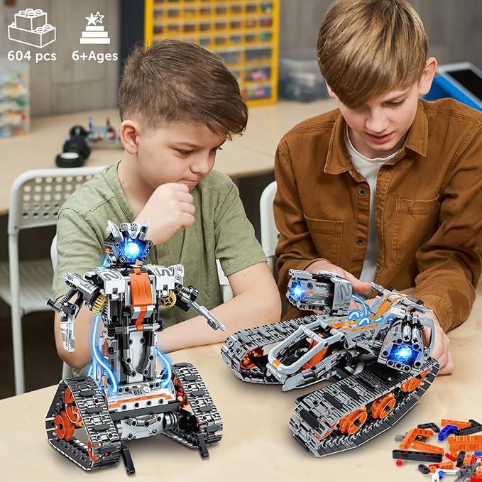 5-in-1 Building Toys with LED Light, APP & Remote Controll Building Block Set, 604 PCS RC Tech Rechargeable Tank Robot Sleigh Tracked Racer Toy, Gift for Kids Boys Girls Ages 6 7 8 9 10 11 12+