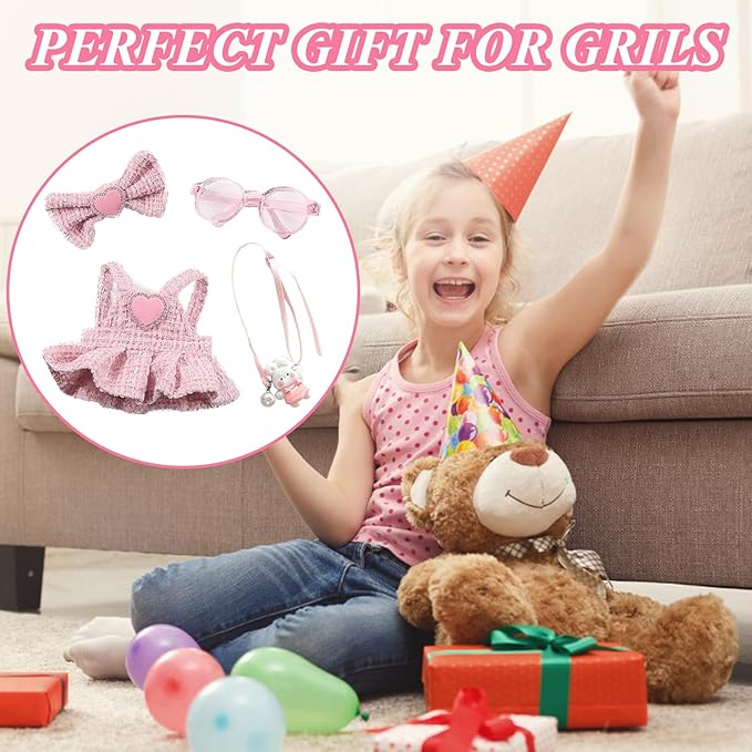 6.7in/17cm Doll Clothes Set(NO Doll), 5 Pcs Outfit Set Includes Premium Fashion Dresses & Bow Hairpin & Glasses & Cute Rabbit Charm & Shoes, Luxury Chic Doll Clothing Accessories (Pink-5PCS)