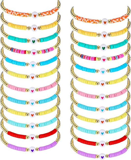 Sureio 24 Pcs Colorful Groovy Retro Friendship Bracelets Heart Hippie Surfer Friendship Bracelets Stretch Beaded Kids Bracelet for Tween Girls Women Groovy Party Favors