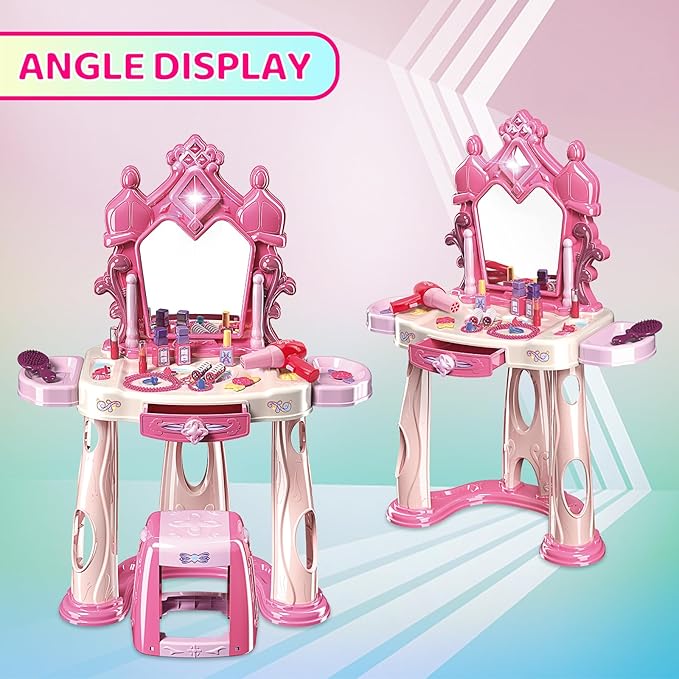 Pretend Play Girls Makeup Table Set with Stool,Kids Vanity Set with Lights and Music,Toddler Beauty Salon Set with Makeup Accessories & Hair Dryer Toy,Best Birthday Gifts for Toddlers 2-5 Years Old