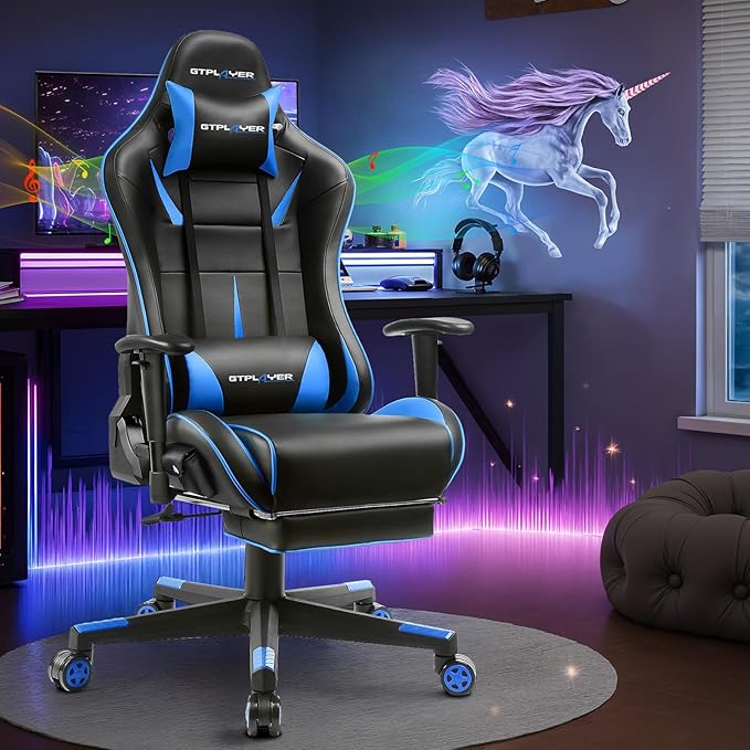 GTPLAYER Gaming Chair with Speakers, Music Gaming Recliner Chair for Adults and Kids, Height Adjustable Computer Game Reclining Chair with Footrest by GTRacing (Blue)