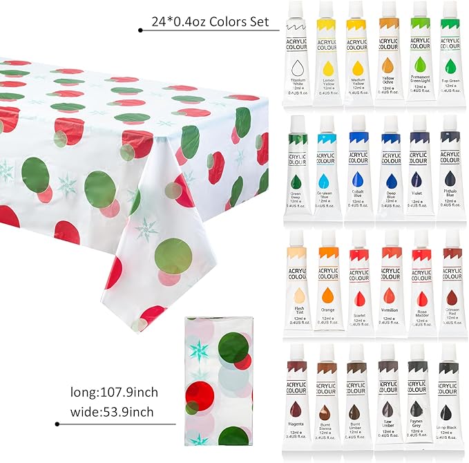 121 Pcs Art Painting Kit Supplies Set for Kids to Party - 60 Paint Brushes, 24 Acrylic Paints, 6 Wood Easels & Canvas Panels & Palettes & Aprons & Wash Pen Cup, 1 Plastic Tablecloth