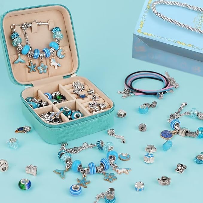 Charm Bracelet Making Kit, Kid Jewelry Making Kit for Girls 8-12, Unicorn Craft Kits for Teen Girls Toys Ages 3-10 Years Old Girl Gifts Trendy Stuff Birthday Christmas Gift with Initial Jewelry Box- K