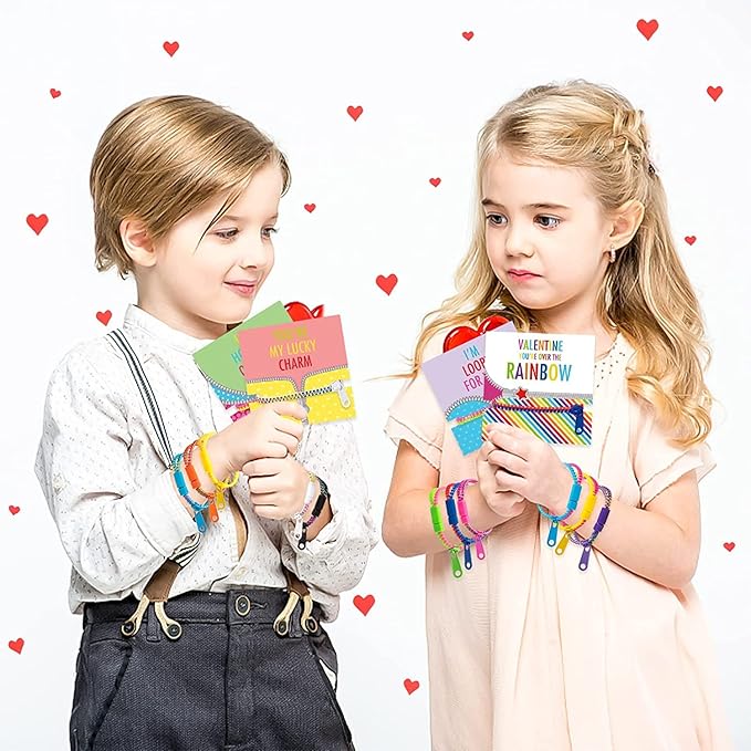 OuMuaMua 30Pcs Valentines Day Cards Gift for Kids Classroom - Valentines Cards with Fidget Zipper Bracelets Toy for Kids Valentine’s Day Classroom Exchange Valentines Party Favors