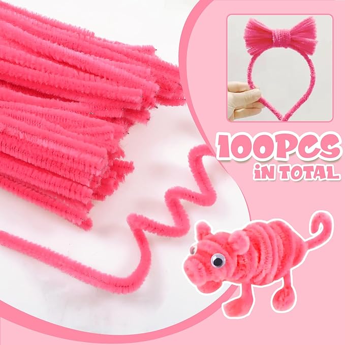 TOAOB 100pcs Pipe Cleaners Dark Pink Pipe Cleaners Chenille Stems 6mm x 12 Inch Fuzzy Sticks Crafts Supplies for DIY Art Crafts Decorations