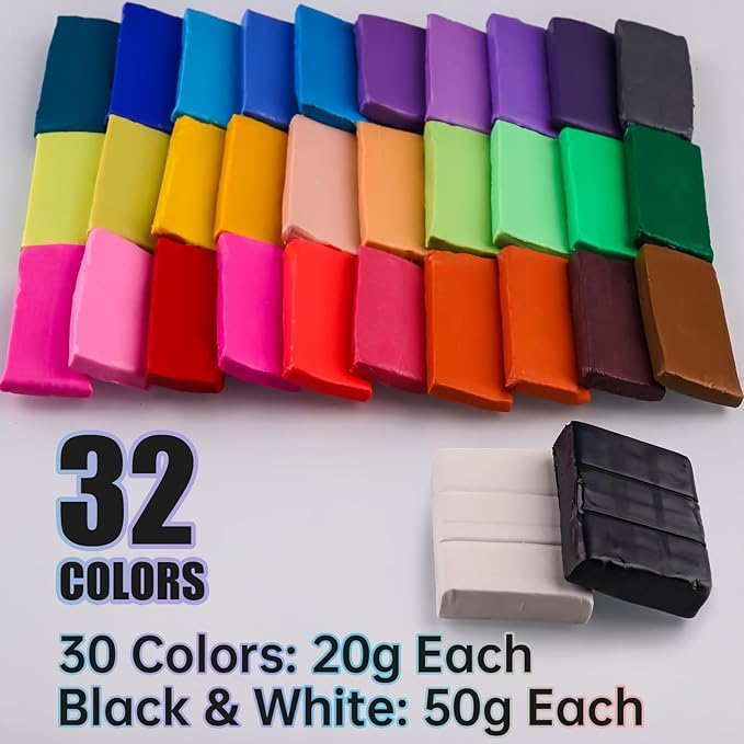 Tomorotec 32-Color Soft Polymer Clay Set Easy Instructions - Non-Sticky, Non-Fading DIY Craft Kit for Kids & Artists - Non-Toxic, Environmentally Friendly Materials (32 Colors, 22.4 oz)