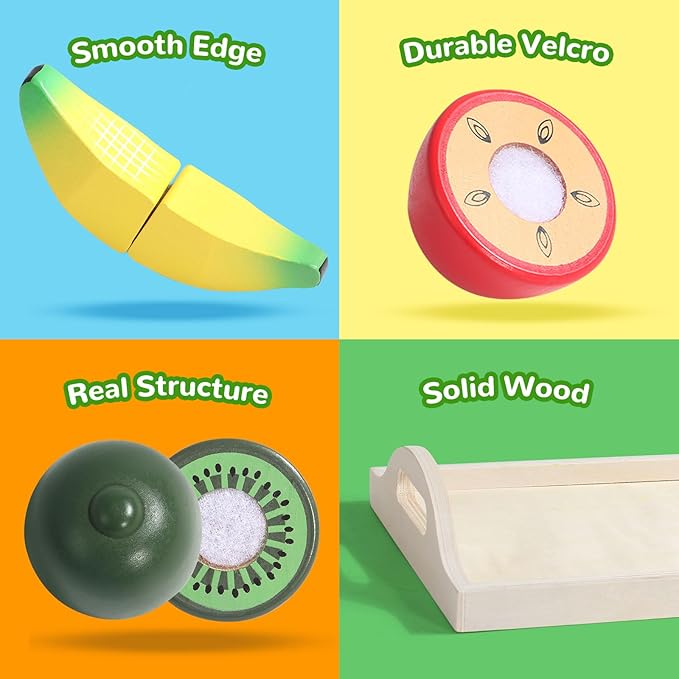 Fajiabao Wooden Play Food Set for Kids Kitchen Montessori Toddlers Toys 1-3 Pretend Cutting Fruit Educational Easter Birthday Gifts for Girls Boys 2 3 4 Year Old
