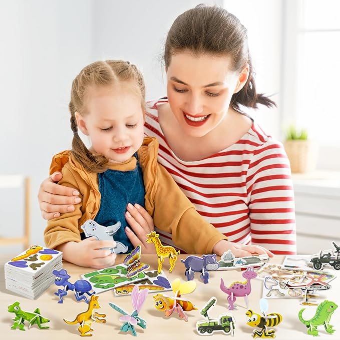 100Pcs 3D Cartoon Puzzle Educational Themed 3D Jigsaw Puzzles for Kids Toys DIY Kits Toys Art Crafts for Ages 4-10 Boys and Girls Birthday Present Gift