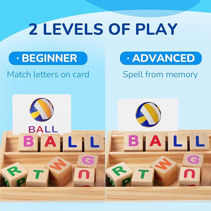 BenBen Spelling Games with 110 Flash Cards, Montessori Toys for 3 4 5 6 Years Old Kids, Wooden Matching Letters Toys, CVC Word Educational Learning Toys, Gift for Preschool Kindergarten