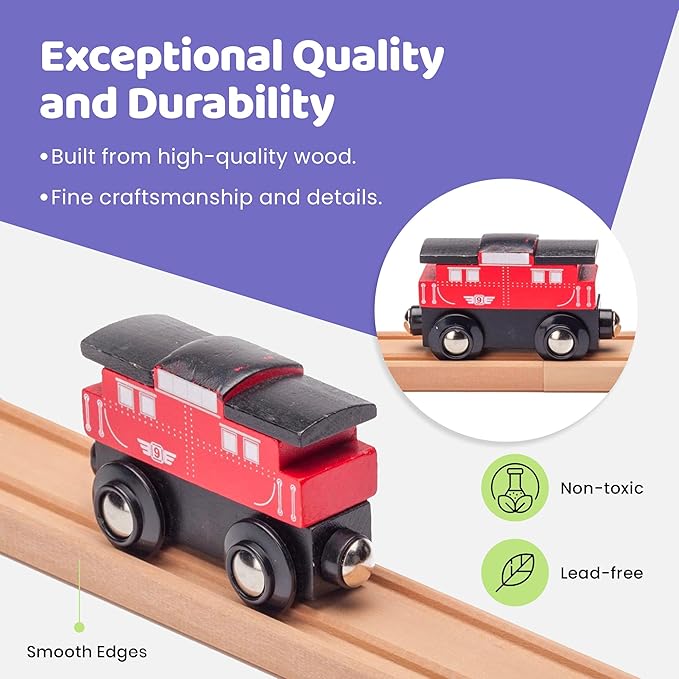 inc. Wooden Train Caboose, Rolling Caboose Car with Magnetic Connector, Brightly Painted Red Wooden Car, Compatible with Thomas & Friends, BRIO, and Major Brand Wooden Railways