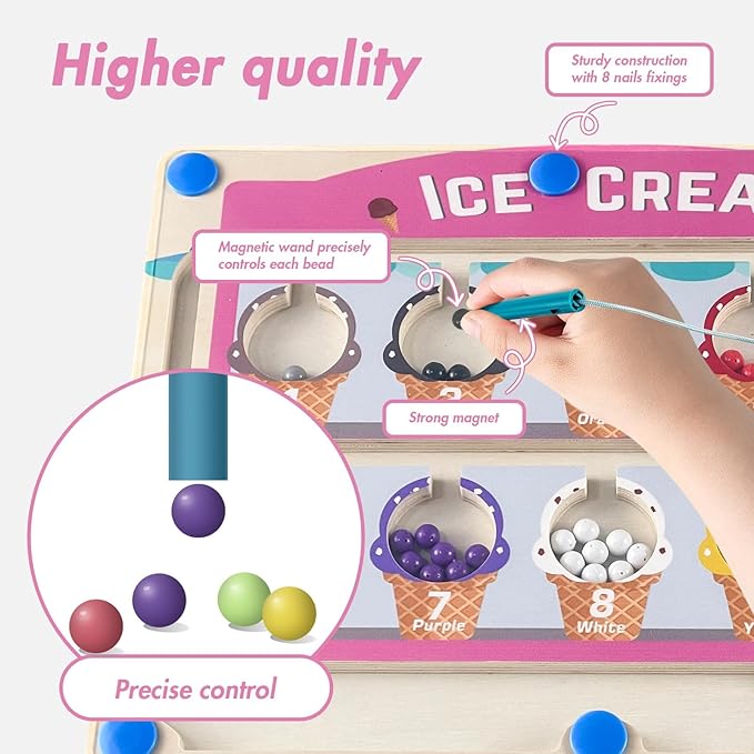 Montessori Toys for 3+ Year Old, Ice Cream Magnetic Color and Number Maze, Wooden Puzzle Activity Board, Learning Educational Toy for Toddler 3 4 5, Toys Idea Christmas Boy Girl