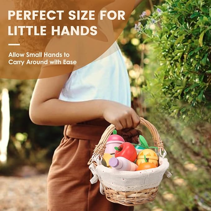 Picnic Playset, Wooden Play Food Set for Kids Kitchen, Cutting Pretend Play Kitchen Food Toy for Toddlers Girls Boys 1 2 3 4 5 Years Old