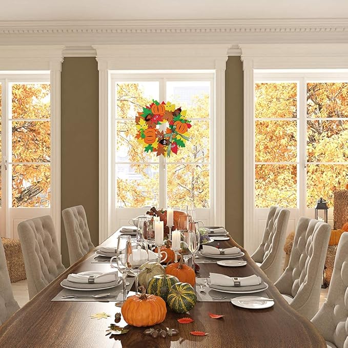 Supla 12 Kits 3D Pumpkin Fall Leaf Wreath Craft Kit DIY Thanksgiving Wreath with Maple Leaves Acorns Bows Wiggle Eyes for Kids Crafts Fall Thanksgiving Halloween Seasonal Decoration