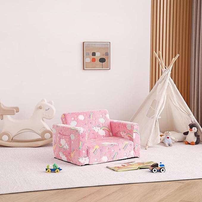 Tiita Kids Chair Couch, Folding Toddler Comfy Sofa Chairs, 2-in-1 Kids Plush Sofa Fold Out, Baby Armrest Chair Sofa to Lounger, Convertible Play Sofas to Bed for Girl or Boy, Pink Rainbow